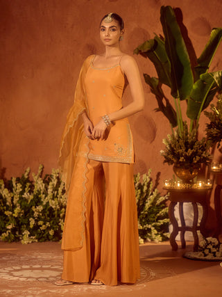 Orange Viscose Chanderi Embroidered Ethnic Straight Kurta Set with Dupatta