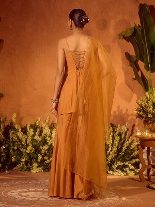 Orange Viscose Chanderi Embroidered Ethnic Straight Kurta Set with Dupatta