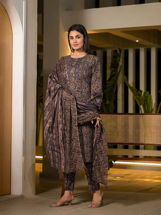 Olive Green Cotton Paisley Print Straight Shape Suit Set with Voile Dupatta
