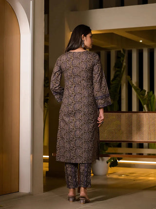Olive Green Cotton Paisley Print Straight Shape Suit Set with Voile Dupatta