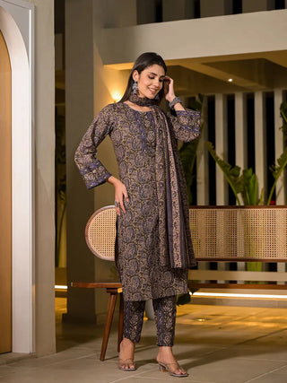 Olive Green Cotton Paisley Print Straight Shape Suit Set with Voile Dupatta