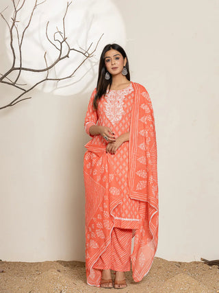 Peach Cotton Ethnic Motif Printed Straight Shape Suit Set with Dupatta