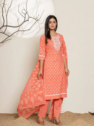 Peach Cotton Ethnic Motif Printed Straight Shape Suit Set with Dupatta