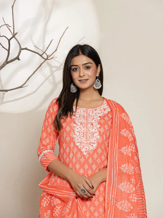 Peach Cotton Ethnic Motif Printed Straight Shape Suit Set with Dupatta