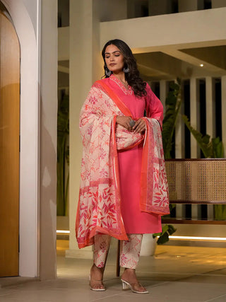 Peach & White Cotton Solid Embroidered Straight Shape Suit Set with Voile Dupatta