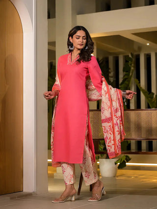 Peach & White Cotton Solid Embroidered Straight Shape Suit Set with Voile Dupatta