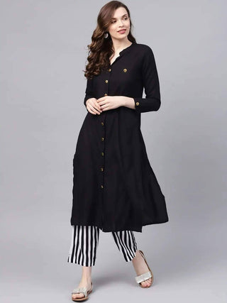 Black Solid Kurta with Trousers Online - RiaFashions