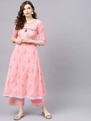 Pink & White Printed Kurta with Palazzo Online - RiaFashions