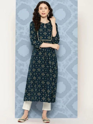 Blue Rayon Ethnic Printed A Line Kurta