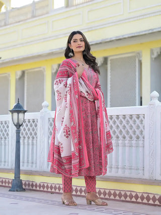 Pink Cotton Floral Print Anarkali Suit Set with Voile Dupatta