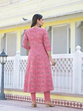 Pink Cotton Floral Print Anarkali Suit Set with Voile Dupatta