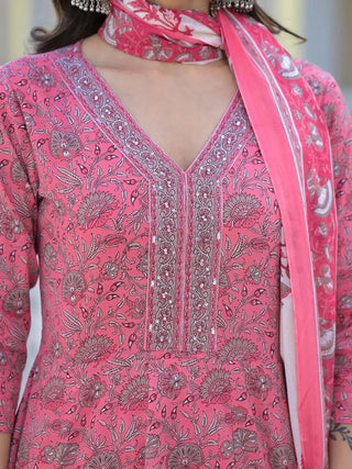 Pink Cotton Floral Print Anarkali Suit Set with Voile Dupatta