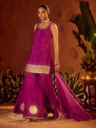 Purple Viscose Chanderi Gotta Patti Work Ethnic Straight Kurta Set with Dupatta
