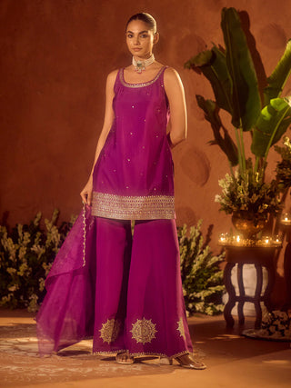Purple Viscose Chanderi Gotta Patti Work Ethnic Straight Kurta Set with Dupatta