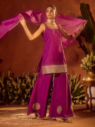 Purple Viscose Chanderi Gotta Patti Work Ethnic Straight Kurta Set with Dupatta