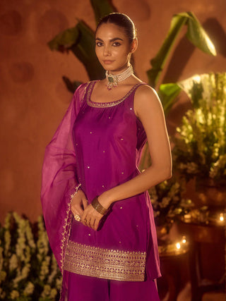 Purple Viscose Chanderi Gotta Patti Work Ethnic Straight Kurta Set with Dupatta