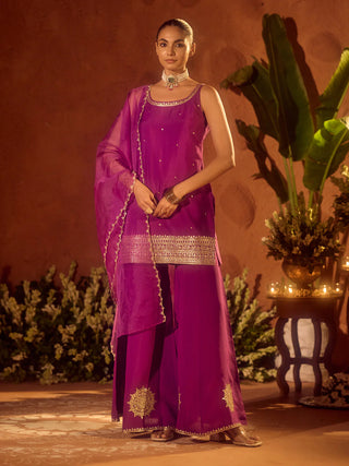 Purple Viscose Chanderi Gotta Patti Work Ethnic Straight Kurta Set with Dupatta