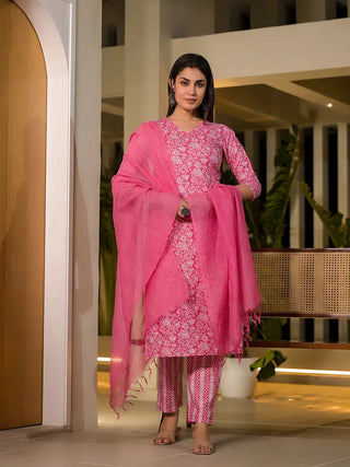 Pink Cotton Floral Print Straight Shape Suit Set with Dupatta