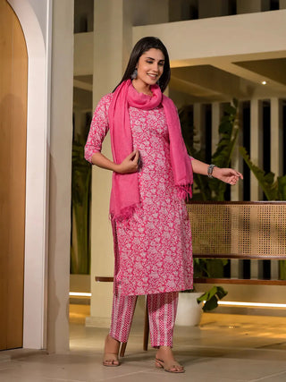 Pink Cotton Floral Print Straight Shape Suit Set with Dupatta