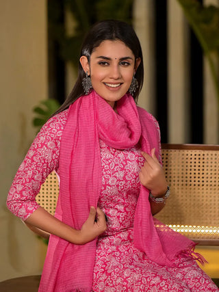 Pink Cotton Floral Print Straight Shape Suit Set with Dupatta