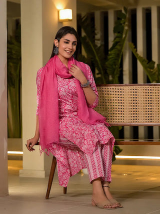 Pink Cotton Floral Print Straight Shape Suit Set with Dupatta