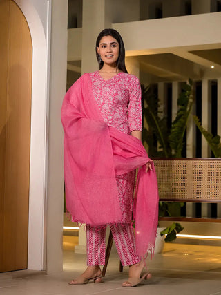 Pink Cotton Floral Print Straight Shape Suit Set with Dupatta