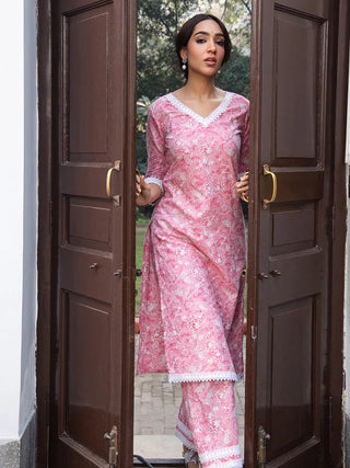 Pink Cotton Floral Print Kurta Bottom Co-Ord Set