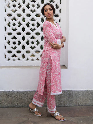 Pink Cotton Floral Print Kurta Bottom Co-Ord Set