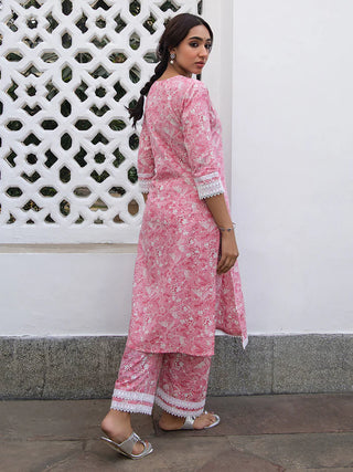 Pink Cotton Floral Print Kurta Bottom Co-Ord Set