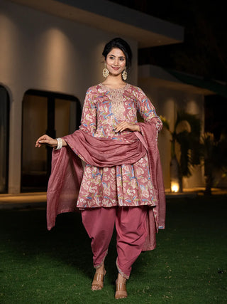 Pink Cotton Floral Print & Embroidered Detailing Kurta Dhoti Set with Voile Dupatta