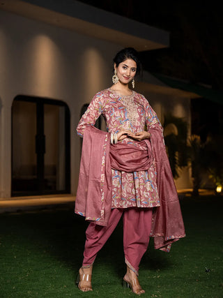 Pink Cotton Floral Print & Embroidered Detailing Kurta Dhoti Set with Voile Dupatta