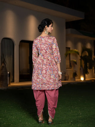 Pink Cotton Floral Print & Embroidered Detailing Kurta Dhoti Set with Voile Dupatta