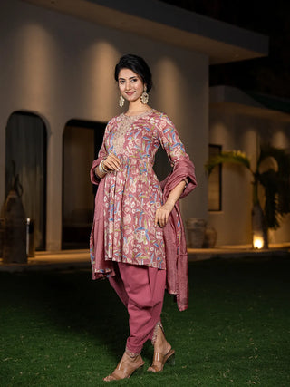 Pink Cotton Floral Print & Embroidered Detailing Kurta Dhoti Set with Voile Dupatta