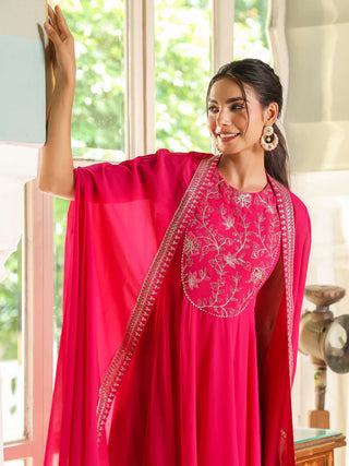 Pink Georgette Anarkali Embroidered Dress with Cape