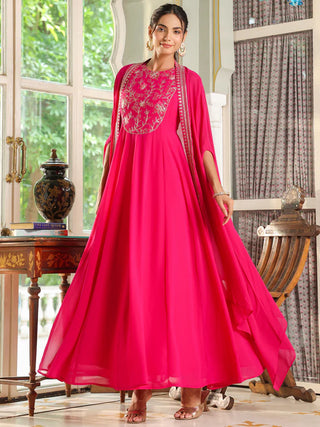 Pink Georgette Anarkali Embroidered Dress with Cape