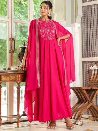 Pink Georgette Anarkali Embroidered Dress with Cape