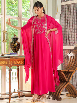 Pink Georgette Anarkali Embroidered Dress with Cape