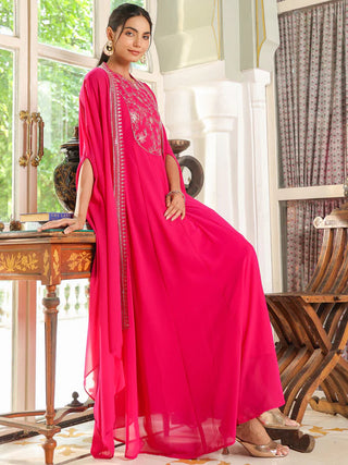 Pink Georgette Anarkali Embroidered Dress with Cape