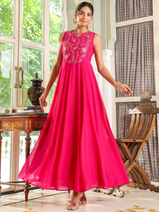 Pink Georgette Anarkali Embroidered Dress with Cape