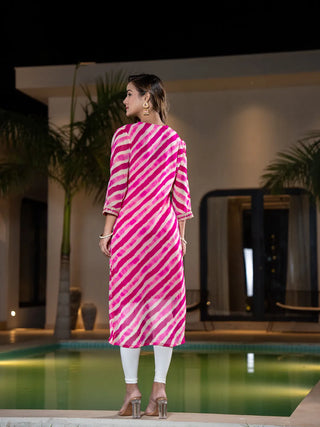 Pink Poly Georgette Striped Leheriya Print A Line Kurta