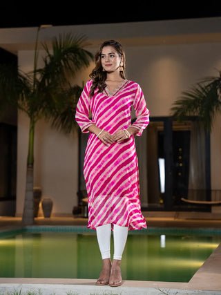 Pink Poly Georgette Striped Leheriya Print A Line Kurta