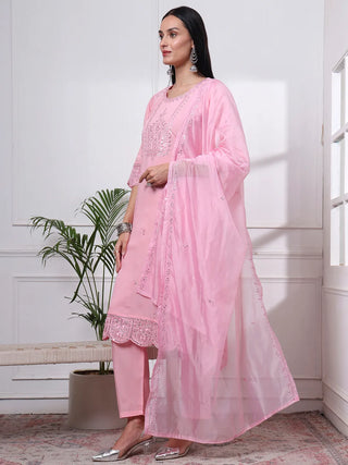 Pink Silk Blend Cotton Lining Embroidered Straight Shape Suit Set with Dupatta