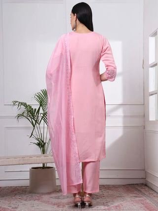 Pink Silk Blend Cotton Lining Embroidered Straight Shape Suit Set with Dupatta