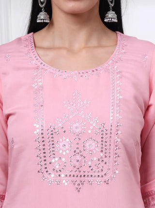 Pink Silk Blend Cotton Lining Embroidered Straight Shape Suit Set with Dupatta