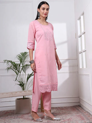 Pink Silk Blend Cotton Lining Embroidered Straight Shape Suit Set with Dupatta