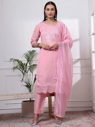 Pink Silk Blend Cotton Lining Embroidered Straight Shape Suit Set with Dupatta