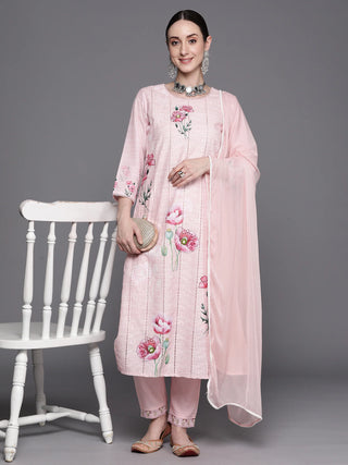 Pink Pure Cotton Embroidered Suit Set with Poly Chiffon Dupatta