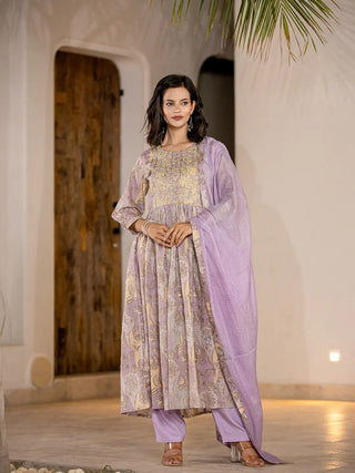 Purple Organic Cotton Floral Print & Embroidered Kurta with Mal Mal Cotton Bottom & Voile Dupatta