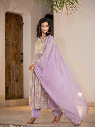 Purple Organic Cotton Floral Print & Embroidered Kurta with Mal Mal Cotton Bottom & Voile Dupatta