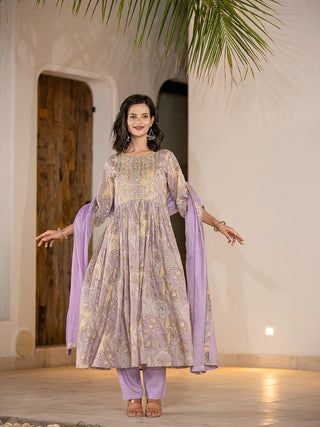 Purple Organic Cotton Floral Print & Embroidered Kurta with Mal Mal Cotton Bottom & Voile Dupatta